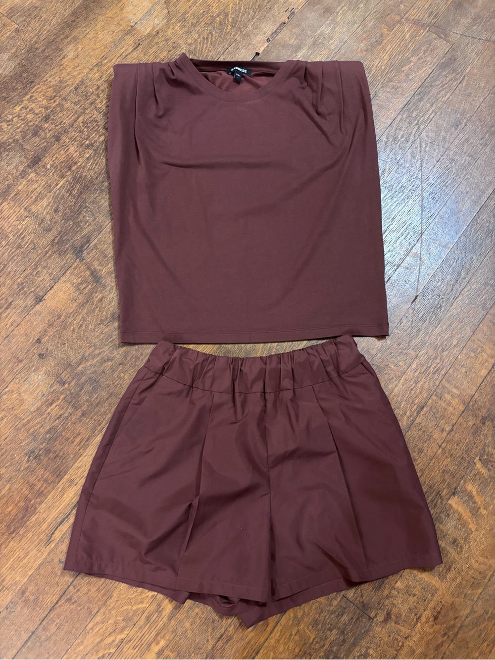 Express Brown Two Piece Set Short Sleeve Top High Waist Shorts Size Small